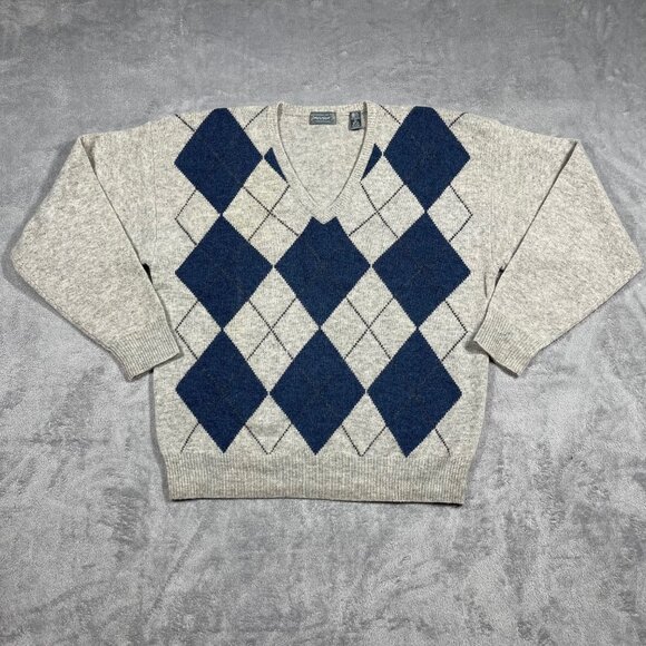 Lord & Taylor Mens XL 100% Lambs wool VNeck Grey Blue Argyle Sweater - Picture 3 of 6